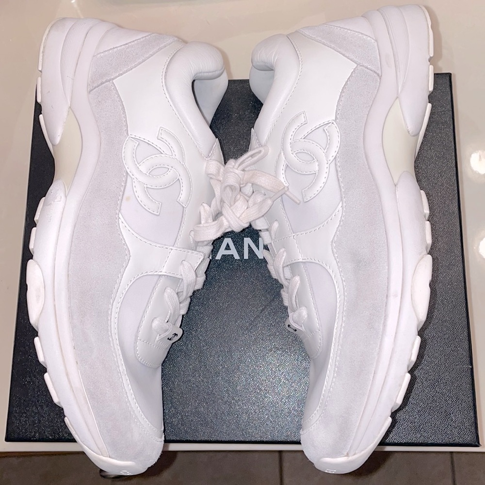 Mens all white Chanel sneakers